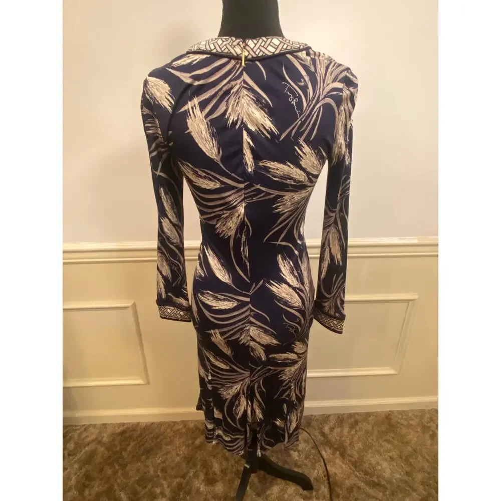 Tory Burch 100% Silk Long Sleeve Feather Boarder Collar Knee Length Dress